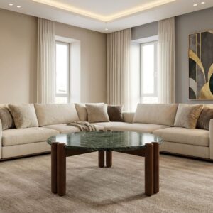 Luxury green marble table with solid wood legs on white background