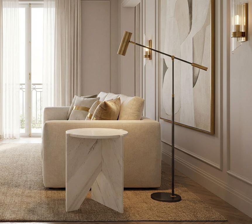 Modern white marble side table with geometric base