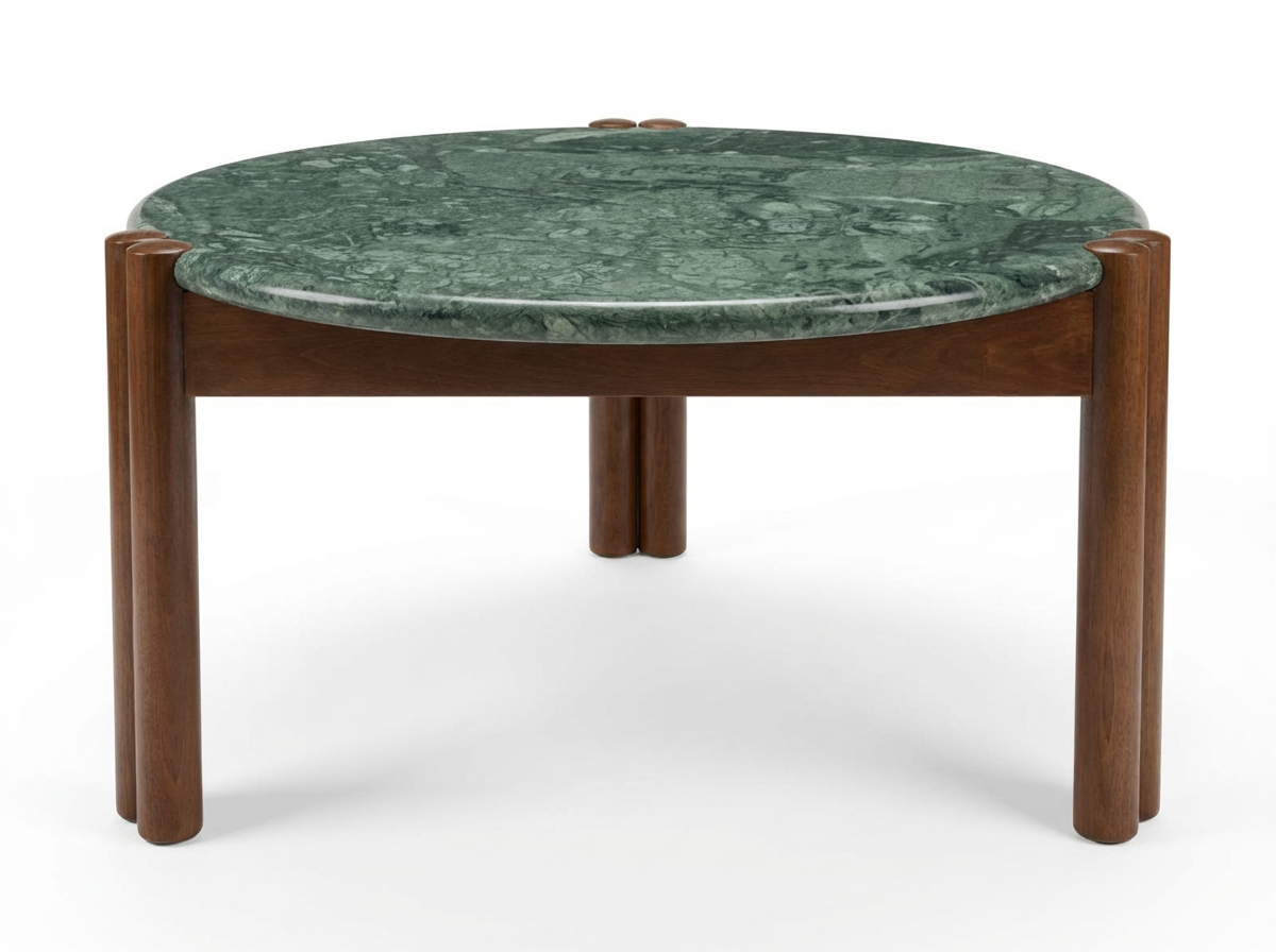 Luxury green marble table with solid wood legs on white background