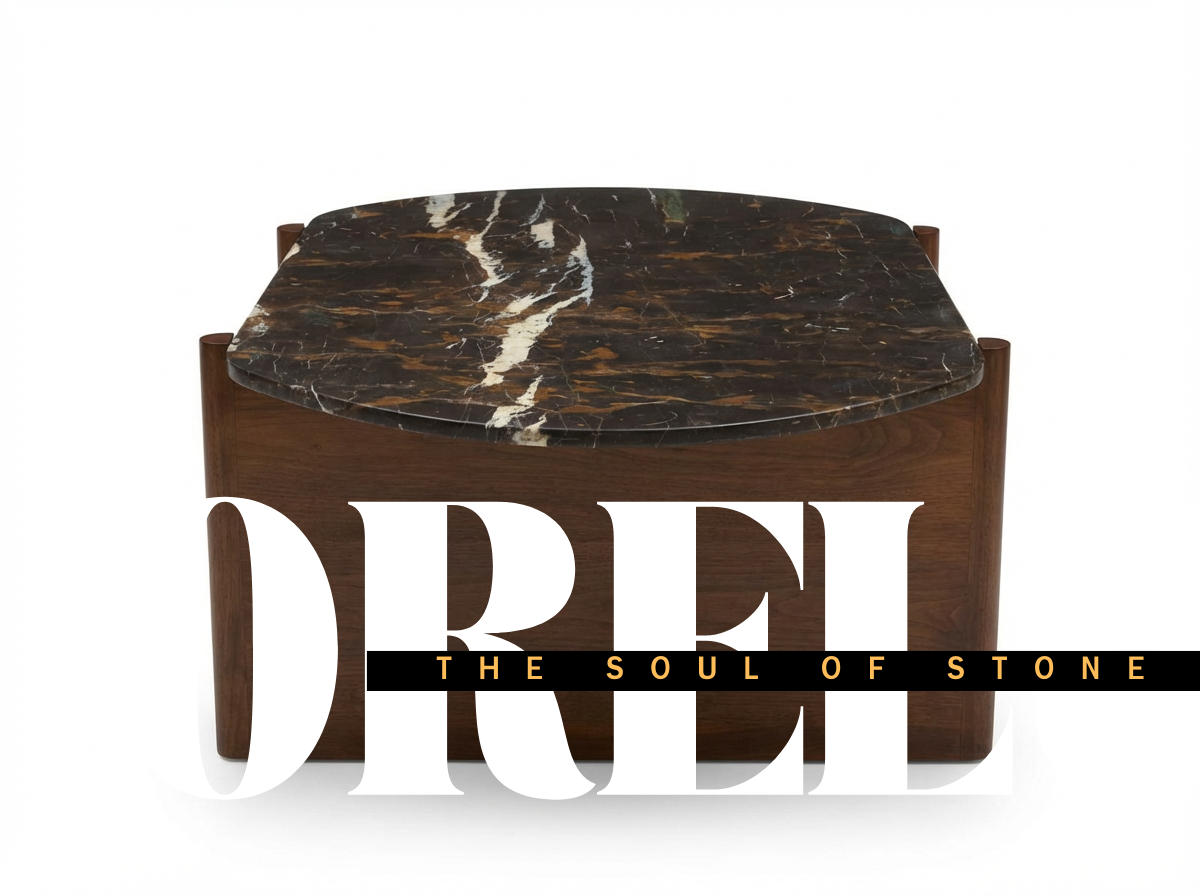 Luxury black marble table with natural white and gold veining and solid wooden legs on white background