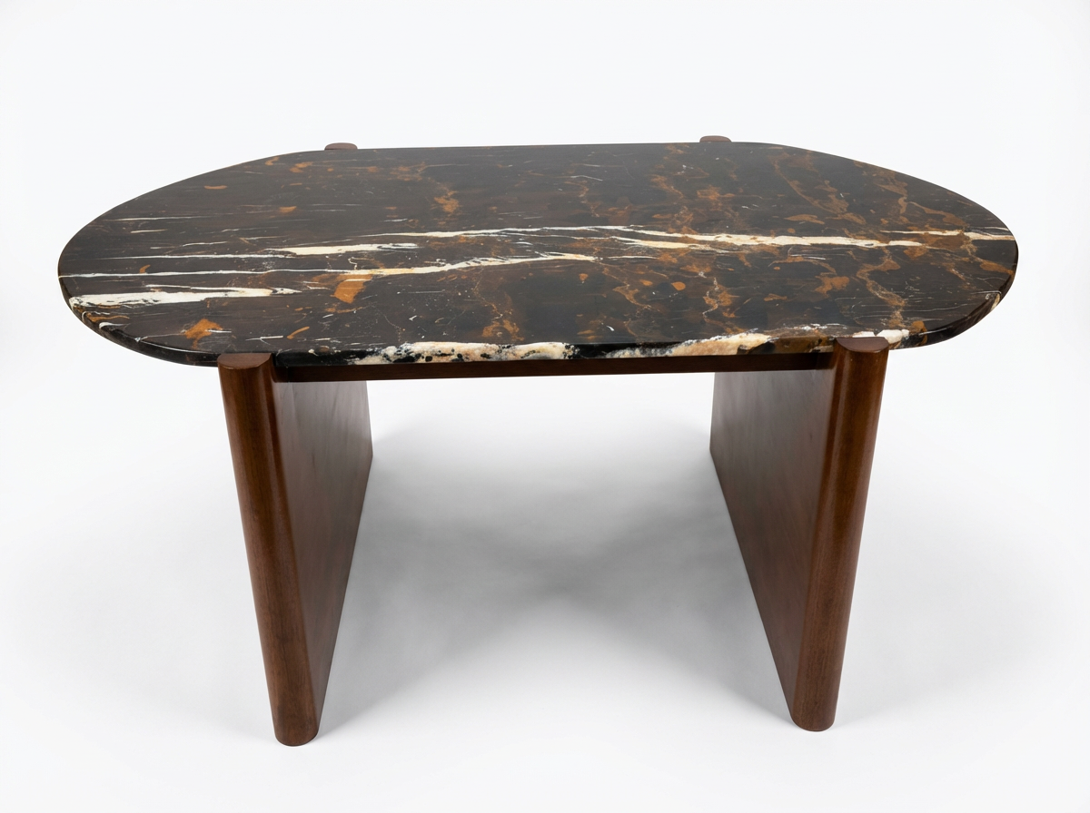 Luxury black marble table with natural white and gold veining and solid wooden legs on white background