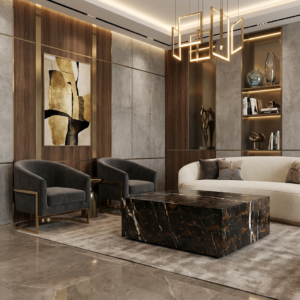 Luxury black marble table with natural white and golden veining, polished stone surface