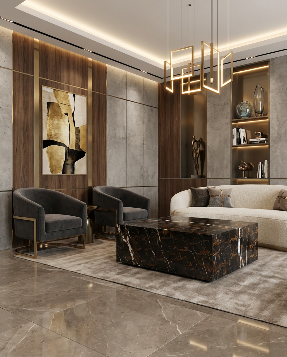 Luxury black marble table with natural white and golden veining, polished stone surface